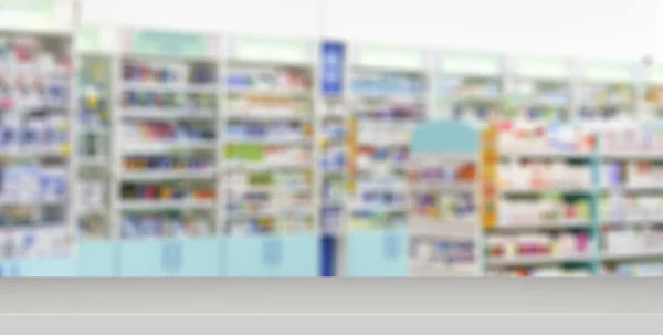 Apotheek tafel banner achtergrond. Farmaceutische wazietellers met geneesmiddelen, tabletten en pillen. — Stockfoto