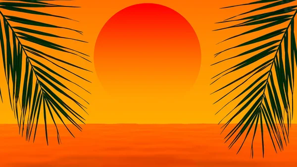 Ηλιοβασίλεμα σε μια τροπική παραλία. Πορτοκαλί τοπίο βράδυ με τη δύση του ήλιου, φοίνικες και τη θάλασσα σε ένα νησί στην Καραϊβική, Φίτζι ή Γκόα. Χαλαρώστε, ξεκουραστείτε, διακοπές, ηρεμία έννοια. — Φωτογραφία Αρχείου