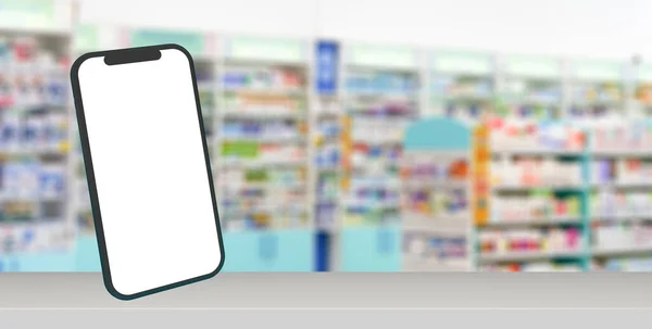 Farmaceutische achtergrond. Waas tellers van de apotheek met medicijnen, tabletten, pillen en met smartphone — Stockfoto