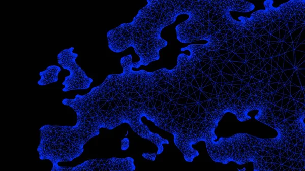 Mapa tecnológico global 3d. Mapa digital de neón de Europa con gráficos por ordenador y líneas de comunicación y red brillantes. Negocios, finanzas, concepto tecnológico —  Fotos de Stock