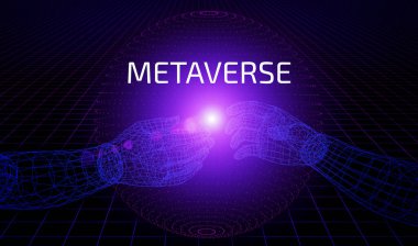 Metaverse arka plan konsepti. Sanal gerçeklikteki 3 boyutlu eller büyük bir veri küresine bağlıdır. Teknoloji, yapay zeka, iş konsepti.
