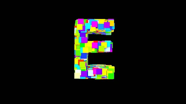 Buchstabe E. 3D Leuchtend farbige Großbuchstaben des Alphabets E auf einem leeren schwarzen Hintergrund isolieren. Farbschrift — Stockfoto