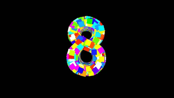 Номер 8. 3D Яскравий кольоровий верхній регістр велике число 8 порожній чорний фон ізольовані. Кольоровий шрифт — стокове фото