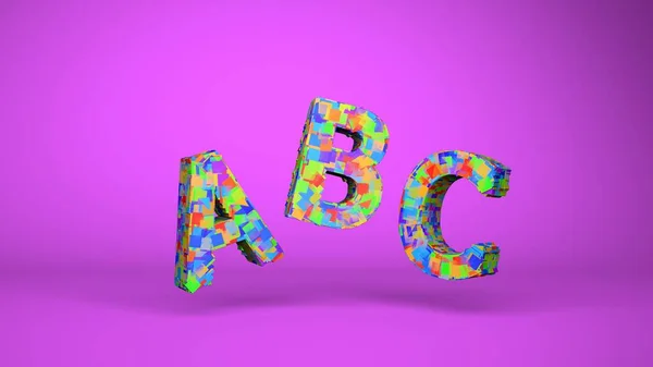 Αλφάβητο. Παιδικά φωτεινά πολύχρωμα γράμματα ABC σε 3D σε έγχρωμο φόντο. Εκπαίδευση, μάθηση, ανάγνωση — Φωτογραφία Αρχείου