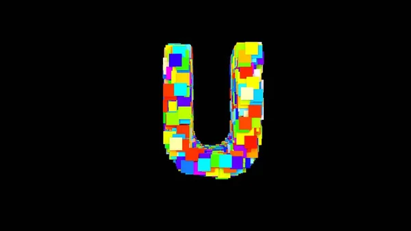 Лист U. 3D Яскраві кольорові великі літери алфавіту U на порожньому чорному тлі ізольовані. Кольоровий шрифт — стокове фото
