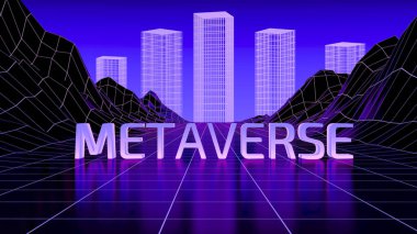 Metaverse arka plan konsepti. Sanal gerçeklikteki fütüristik dijital manzara siber punk ve Metaverse yazıtlı yeni retrodalga tarzında. Teknoloji, yapay zeka, iş