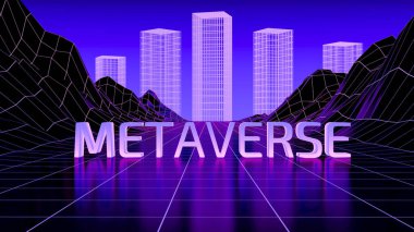 Metaverse background concept. Futuristic digital landscape in virtual reality in the style of cyberpunk and newretrowave with the inscription Metaverse . Technology, artificial intelligence, business clipart