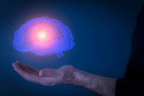 脳ホログラム。人間科学者やユーザーの手による脳の仮想3Dデジタルホログラム。拡張現実、診断技術、将来の概念の科学. — ストック写真