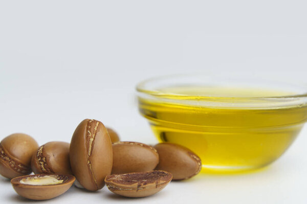 Argan seeds and oil isolated on a white background. Argan oil nuts with plant. Cosmetics and natural oils background