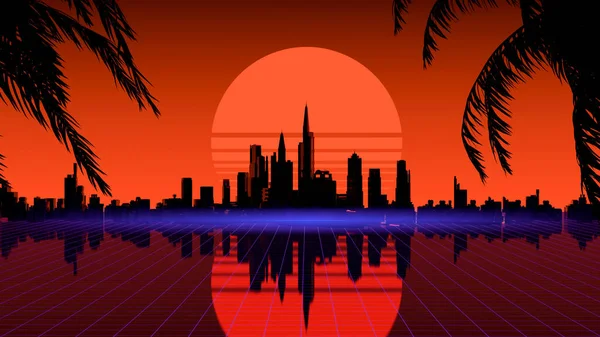 Fond de ville vague rétro. Paysage nocturne néon avec une ville futuriste dans le style et l'esthétique des années 80 et 90. Synthwave, cyberpunk, jeux vidéo, concept. — Photo