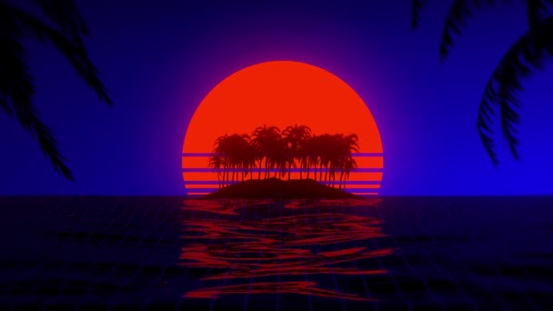3D тропічний захід сонця з островом і пальмами. Океан і неонове сонце в синхронній хвилі і нова ретрохвильова естетика 80-х 90-х — стокове відео