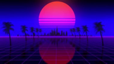 3 boyutlu Sentetik dalga arka planı. Şehrin neon manzarasını ters dalgaya al ve gün batımını araba hızında takip et. 80 'ler, 90' lar, siber punk ve bilgisayar oyunu estetik konsepti.