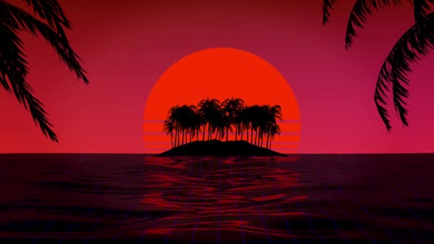 島やヤシの木と3D熱帯の夕日。海とネオンの太陽の合成波と新しいレタス美学80年代90年代 — ストック動画