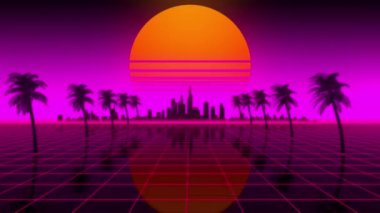 3 boyutlu Sentetik dalga arka planı. Şehrin neon manzarasını ters dalgaya al ve gün batımını araba hızında takip et. 80 'ler, 90' lar, siber punk ve bilgisayar oyunu estetik konsepti.