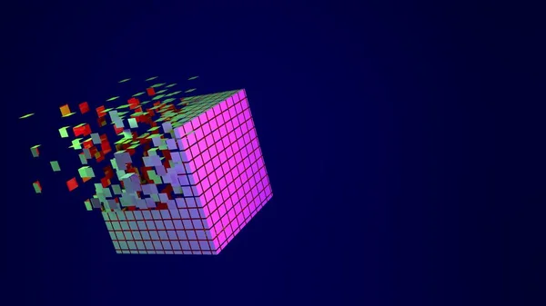 3d cubo sfondo astratto. Tecnologia blocco geometrico futuristico che si disintegra in particelle su sfondo blu. — Foto Stock