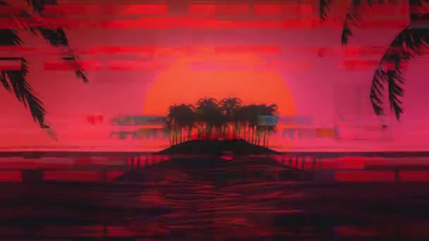 3d tropical glitch sunset with island and palm trees. Ocean and neon sun in glitch synthwave and new retrowave aesthetics 80s 90s — Stock Video