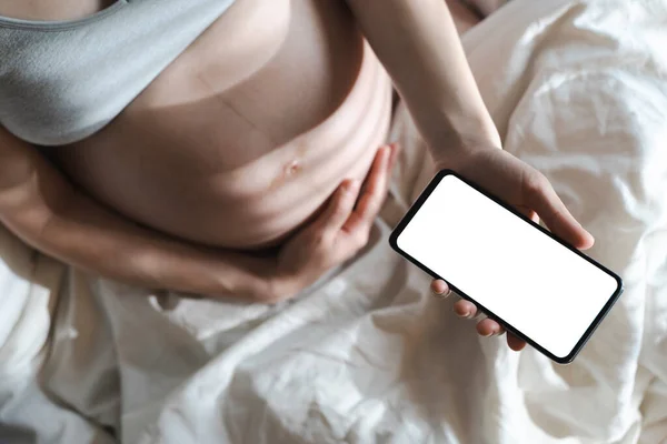 Eine schwangere Frau benutzt ein Smartphone mit leerem Bildschirm, während sie es sich im heimischen Bett gemütlich macht. Internet, Einkaufen, Kommunikation während der Schwangerschaft und vor der Geburt eines Kindes. Gesundheit von Frauen und Neugeborenen — Stockfoto