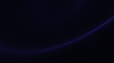 3D dalgalı teknoloji soyut arka plan. Siyah boş yüzey üzerinde dijital mavi neon çizgi noktaları ve parçacıklar ağı. Büyük veri, ses, bilgisayar kavramı.