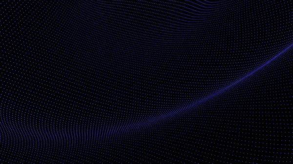 3D dalgalı teknoloji soyut arka plan. Siyah boş yüzey üzerinde dijital mavi neon çizgi noktaları ve parçacıklar ağı. Büyük veri, ses, bilgisayar kavramı. — Stok fotoğraf