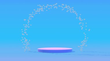 3D podyum arka planı. Boş renkli pastel arka planda şeffaf sabun köpükleri olan minimal podyum. Kozmetik, mal konsepti.