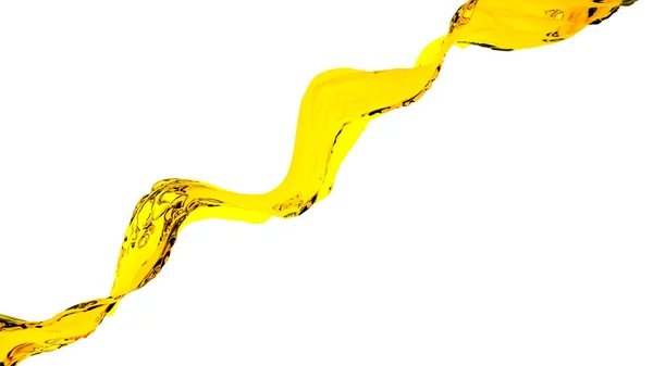 Salpicadura líquida de aceite 3d aislada sobre fondo blanco vacío. Gotas amarillas doradas de aceite vegetal o cosmético —  Fotos de Stock
