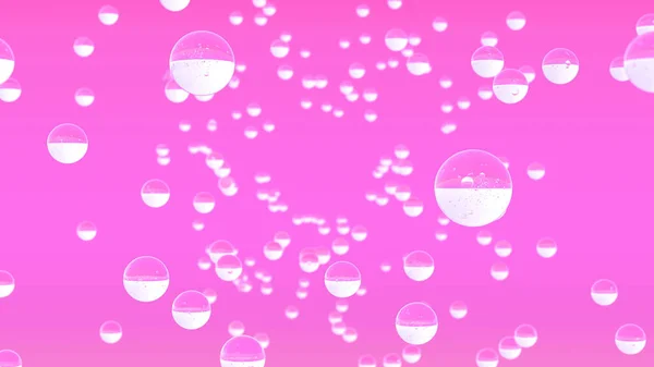 3d belletjes abstracte achtergrond. Transparante glazen bolletjes of druppels op een gekleurde roze achtergrond. Cosmetica, vakantie, concept. — Stockfoto