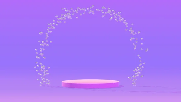 Fondo de podio 3d. Podio mínimo con burbujas de jabón transparentes sobre un fondo pastel de color vacío. Cosméticos, concepto de bienes. — Foto de Stock