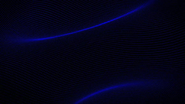 3d ondulada tecnología de fondo abstracto. Red de puntos y partículas de línea de neón azul digital en la superficie vacía negra. Big data, sonido, concepto de computadoras. — Foto de Stock