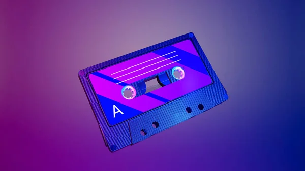 3d audio cassette with tape. Vintage audio cassette with retro music from the 80s and 90s on a neon colored background. Music, entertainment concept.