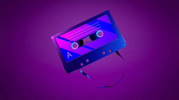 3D audio kazetta szalaggal. Vintage audio kazetta retro zenével a 80-as és 90-es évekből, neon színű háttérrel. Zene, szórakoztatás. — Stock Fotó