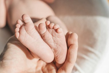 Bebek ayağı. Baba şefkatle ve sevgiyle yeni doğmuş bir bebeğin küçük bacaklarını tutuyor. Yeni hayat, ebeveyn koruması, bakım, aşk, çocuk ve bebek sağlığı