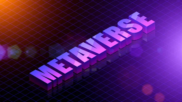 Neon dijital şebeke arka planında 3d Metaverse yazıtı. VR, nft, teknoloji engelleme konsepti.