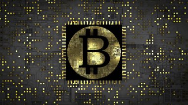 3D Bitcoin, kripto para ve madencilik konsepti. Altın ışıktaki bir bilgisayarın işlemcisinde bitcoin işareti. Kriptoekonomi, sanal para, kazanç, iş fikri.