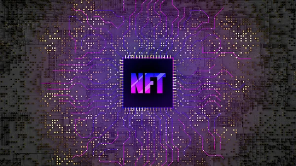 3d NFT Bild. Blockchain Non Fungible Token Idee. Computerchip NFT auf digitalem Hintergrund. Kryptowährung, Kryptoökonomie, Blockchain-Technologiekonzept — Stockfoto