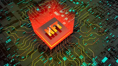 3D NFT görüntüsü. Blockchain Non Funable Token fikri. Dijital arkaplanda bilgisayar çipi var. Kripto para birimi, kripto ekonomi, engelleme zinciri teknolojisi kavramı 