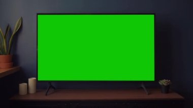 TV ekran modelleme arka planı. Oturma odasında boş yeşil ekranlı LCD TV monitörü. Yüksek kaliteli FullHD görüntüler