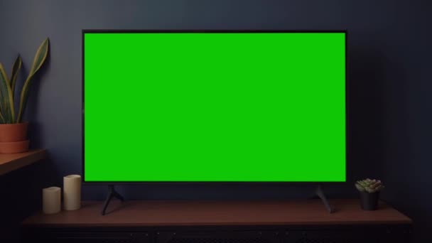 テレビ画面のモックアップの背景 リビングルームでは 液晶テレビのモニターを見ながら 空白の緑の画面 高品質のフルHd映像 — ストック動画