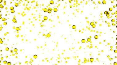 3 boyutlu yağ kabarcıkları izole edildi. Boş beyaz arkaplanda altın sarısı yağ damlaları. 