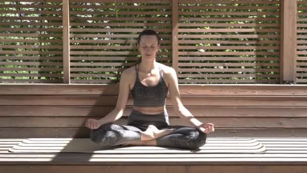 Vrouw Beoefent Meditatie Yoga Buiten Lotuspositie Bij Zonnig Zomerweer Ontspanning — Stockvideo