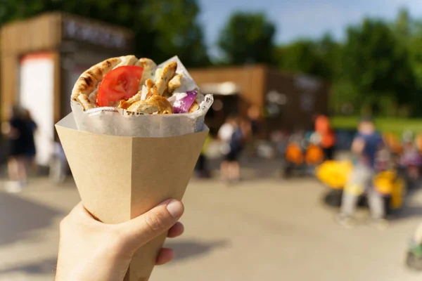 Greek Street Food Gyros Hand Greek Mediterranean Cuisine Meat Pita — Stock Photo, Image