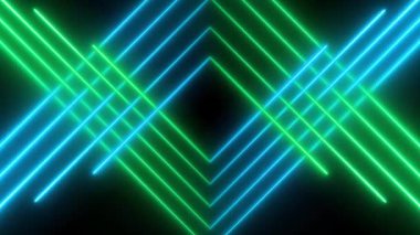 Neon lambası soyut arka plan tüneli. 3D fütürist yeşil parlak çizgiler siyah arkaplanda dönüyor. Gösteri, parti, sahne, sunum konsepti. Yüksek kalite 4k görüntü