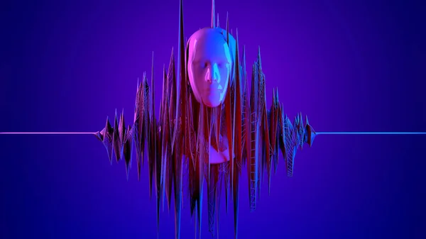 3d digital human face in abstract sound data wave flow. Futuristic had on blue background. Metaverse, artificial intelligence Ai concept. High quality 3d illustration