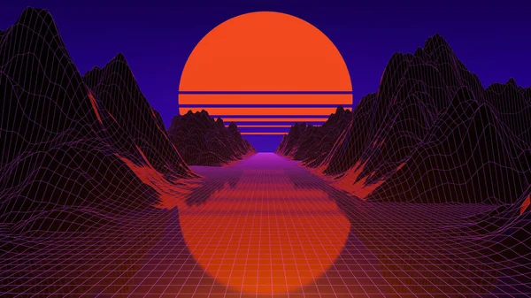 3d neon futuristic landscape with grid and mountains. Synthwave, cyberpunk, 80s game concept background. . High quality 3d illustration