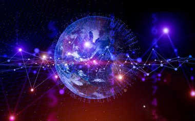 Global technologies data on the world map banner background. 3d computer network covering the planet Earth. 5G, navigation, internet concept. Elements of this image were furnished by NASA..