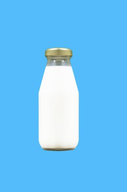 Milk bottle minimal empty background. Isolated glass bottle of white cows milk or yogurt . High quality photo