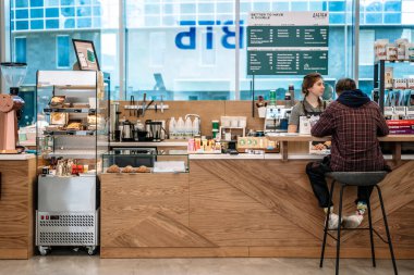 Moscow, Russia - August 14, 2022: Coffee shop in the Moscow business center. Small private business in Russia during sanctions and crisis concept. High quality photo