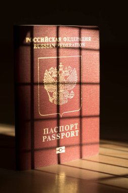 Russian foreign passport. Prohibition of Schengen visas for Russian tourists to travel to the European Union concept. High quality photo
