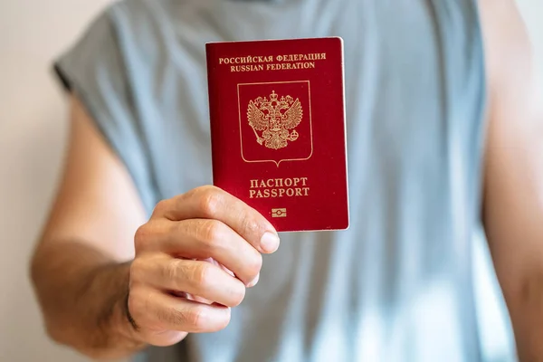 Russian Tourist Passport Hand Citizen Immigration Legalization Travel Concept High — Zdjęcie stockowe