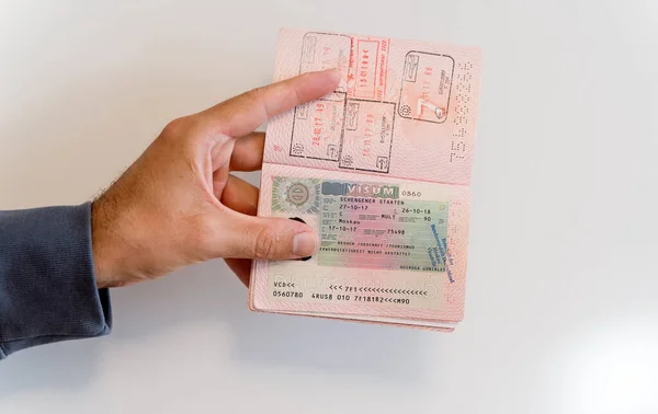 Russian Passport Hands Man Prohibition Schengen Visas Russian Tourists Travel — Stock Photo, Image