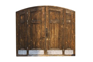 Old barn wooden door isolate on empty background. Rustic textured door. High quality photo